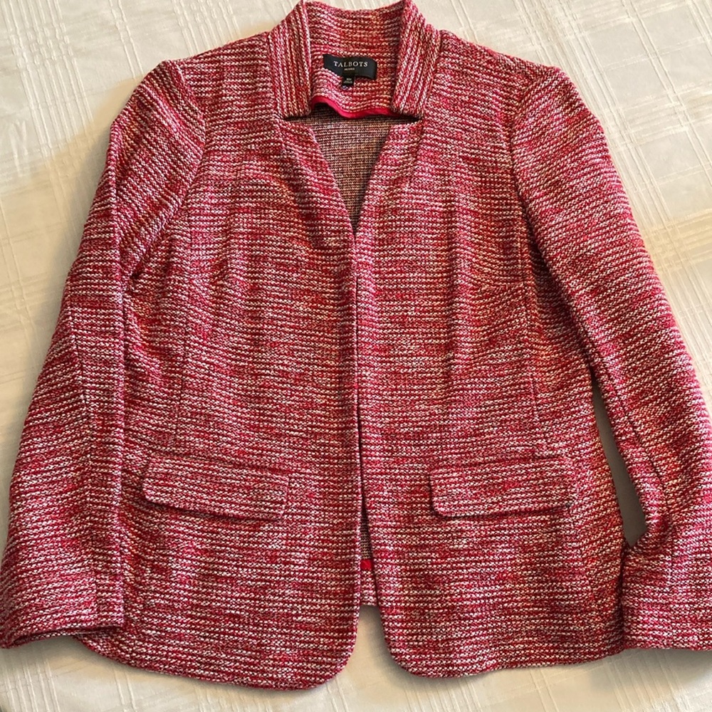 Talbots red black and white sweater jacket.